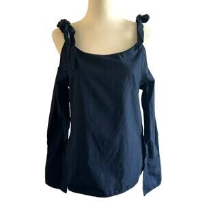 Frame Denim Navy Cotton Long Sleeve Blouse Tie Shoulders Oversized Cuffs XS